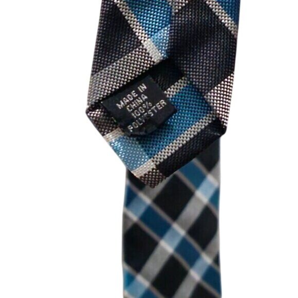 Men's Plaid Tie Blue Black Gray Diagonal Striped Skinny Neck Accessory - Picture 5 of 7